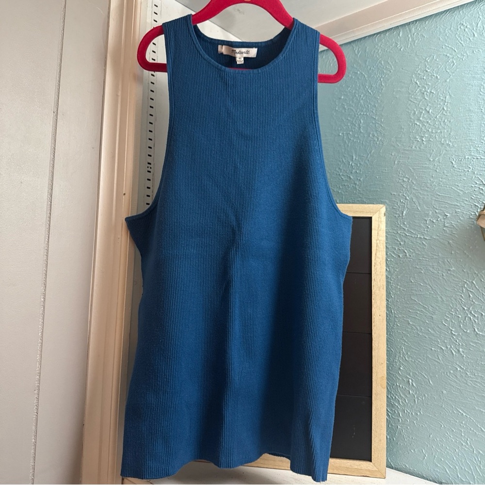 Madewell Ribbed Tank Top XL Blue Sleeveless High Neck Stretch Basic Women